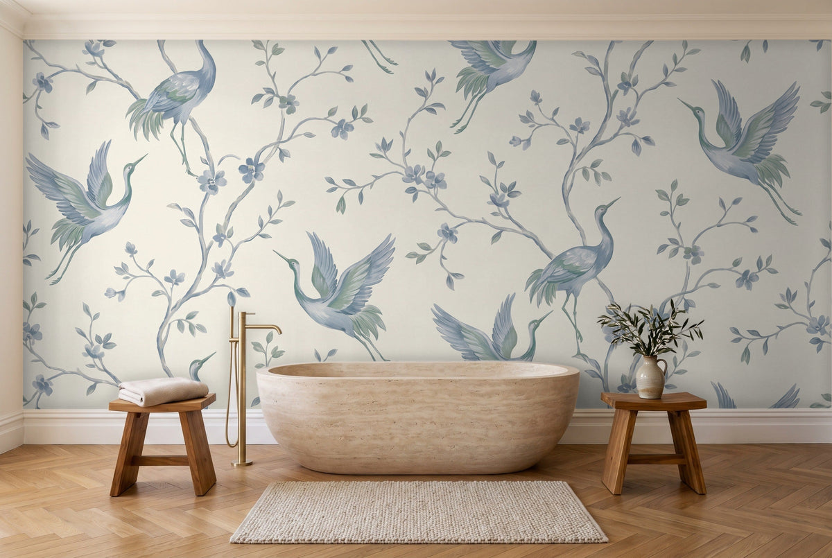 Blue Crane Animal Mural in a bathroom