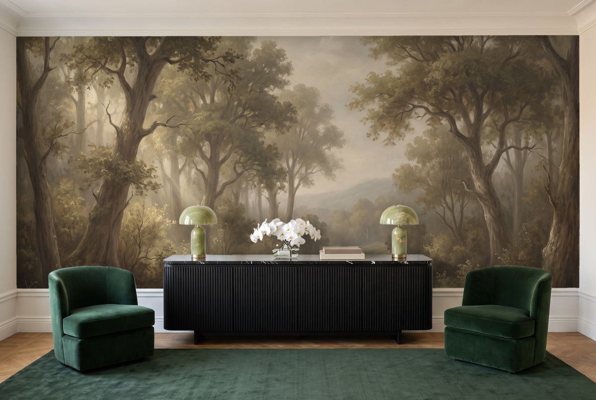 Olive Forest Landscape Mural in a living room