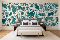 Teal Cat Animal Mural in a bedroom