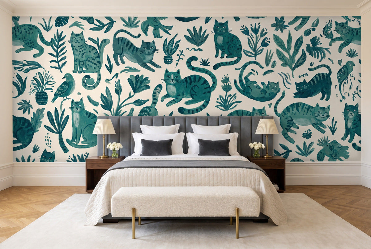 Teal Cat Animal Mural in a bedroom