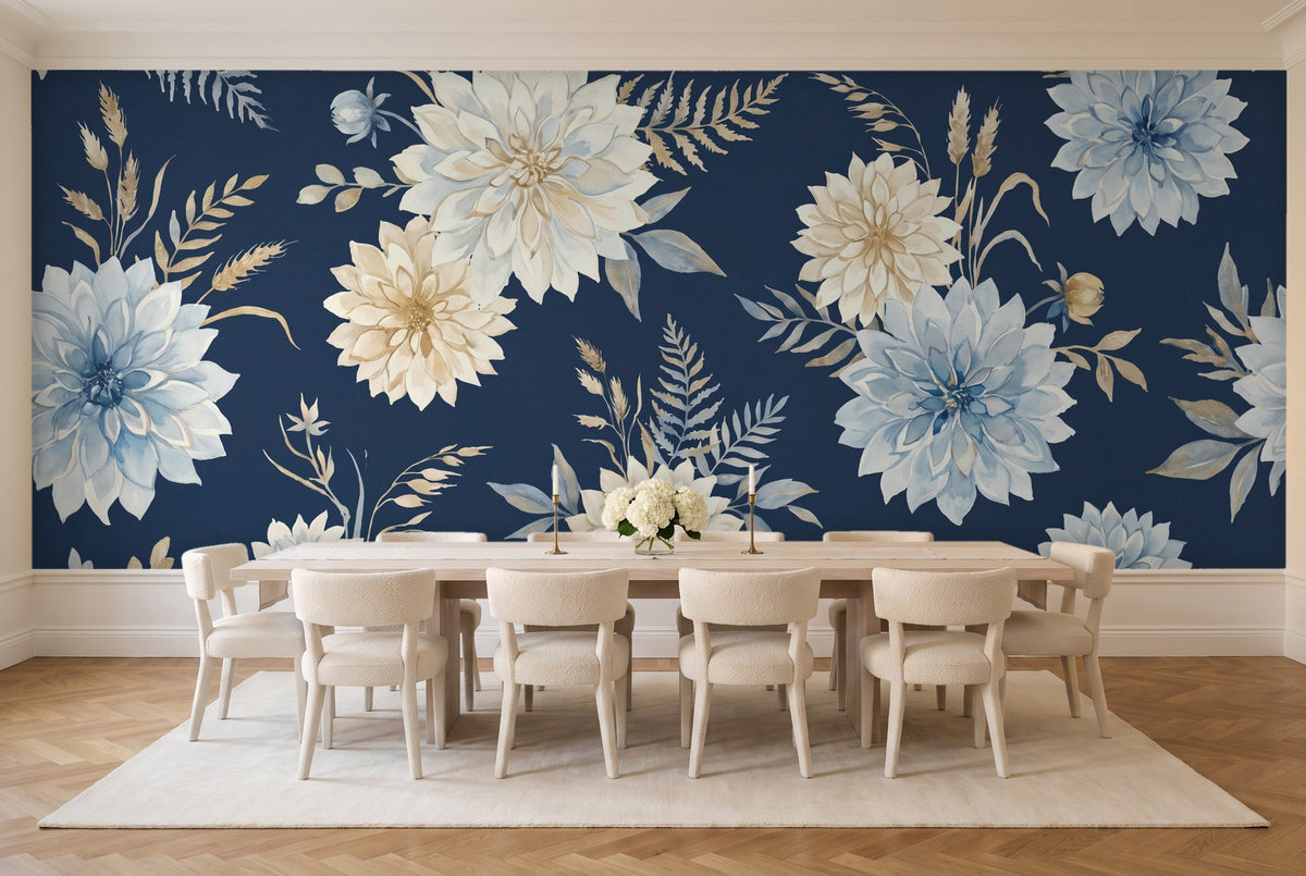 Navy Dahlia Floral Mural in a dining room