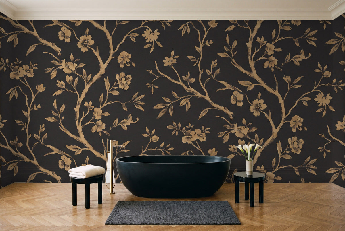 Black And Gold Birch Botanical Mural in a bathroom