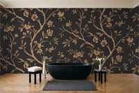 Black And Gold Birch Botanical Mural in a bathroom