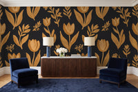 Black And Gold Tulip Floral Mural in a living room