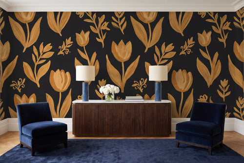 Black And Gold Tulip Floral Mural in a living room