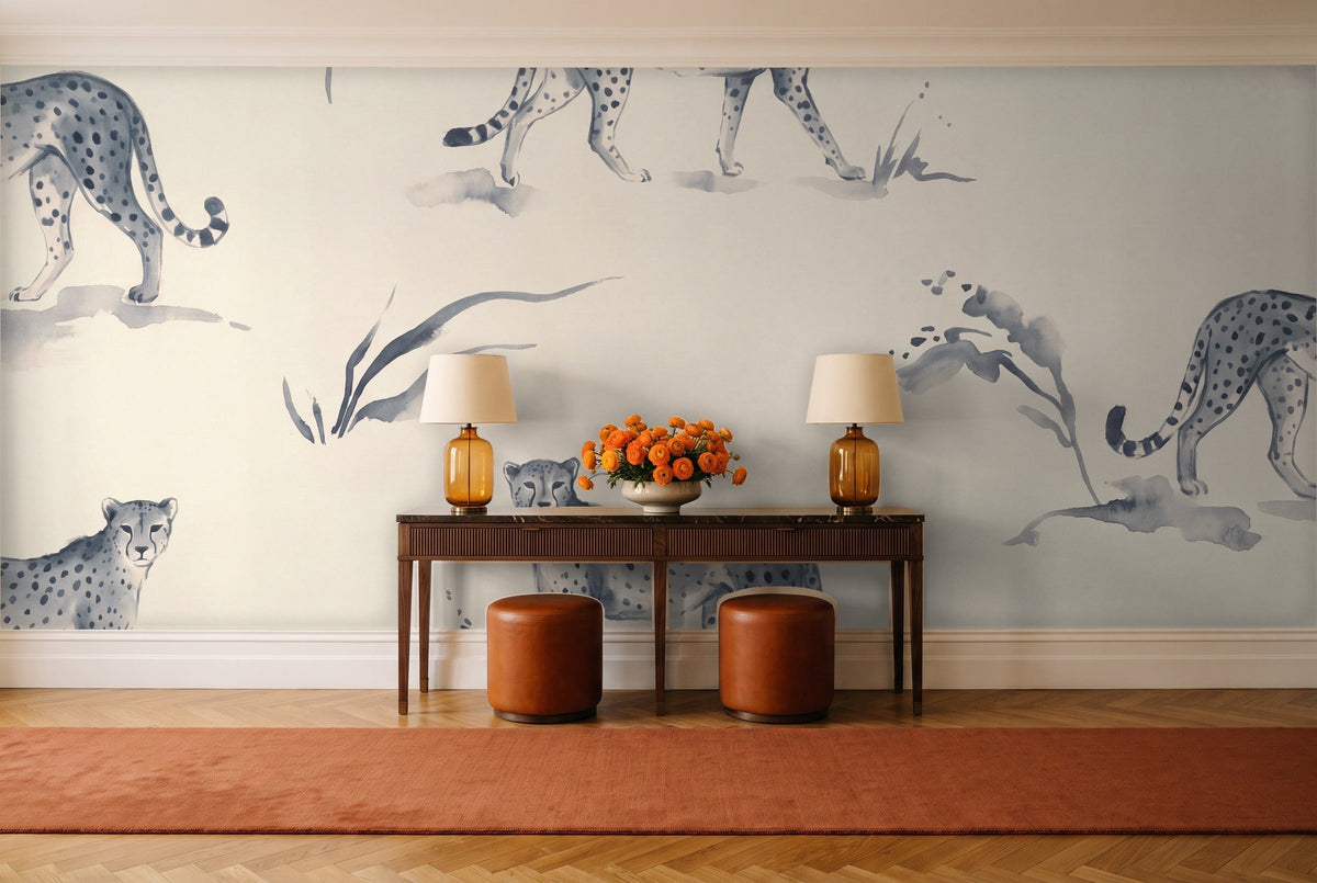 Blue Cheetah Animal Mural in an entryway