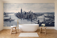 Navy New York Cityscape Mural in a bathroom