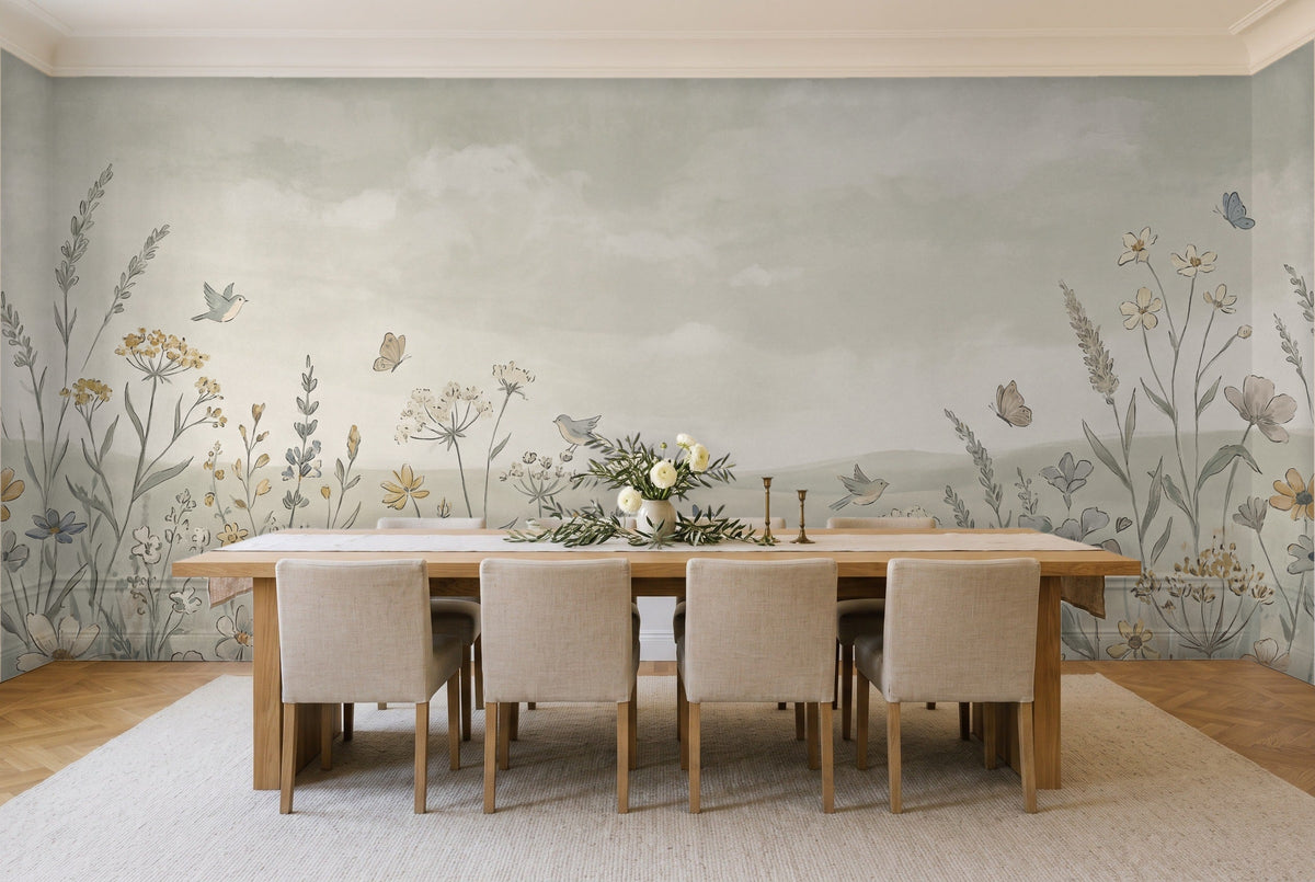 Sage Wildflower Meadow Floral Mural in a dining room
