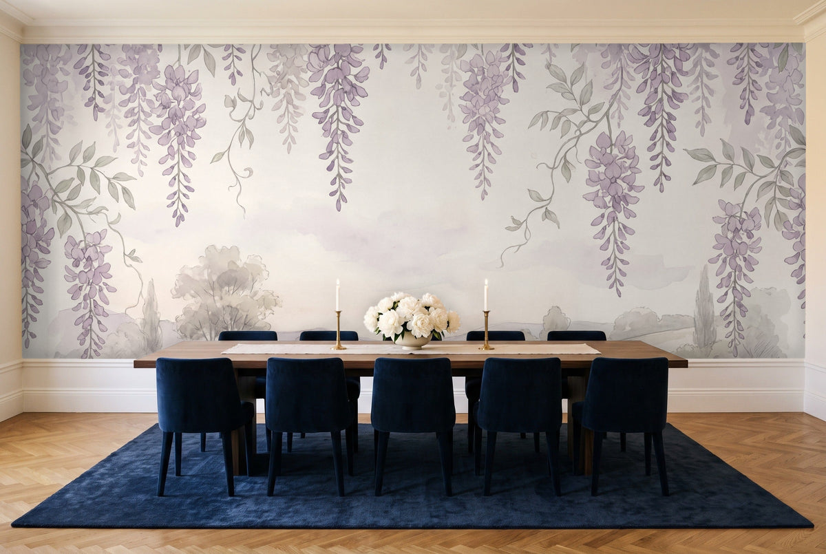 Lilac Wisteria Floral Mural in a dining room