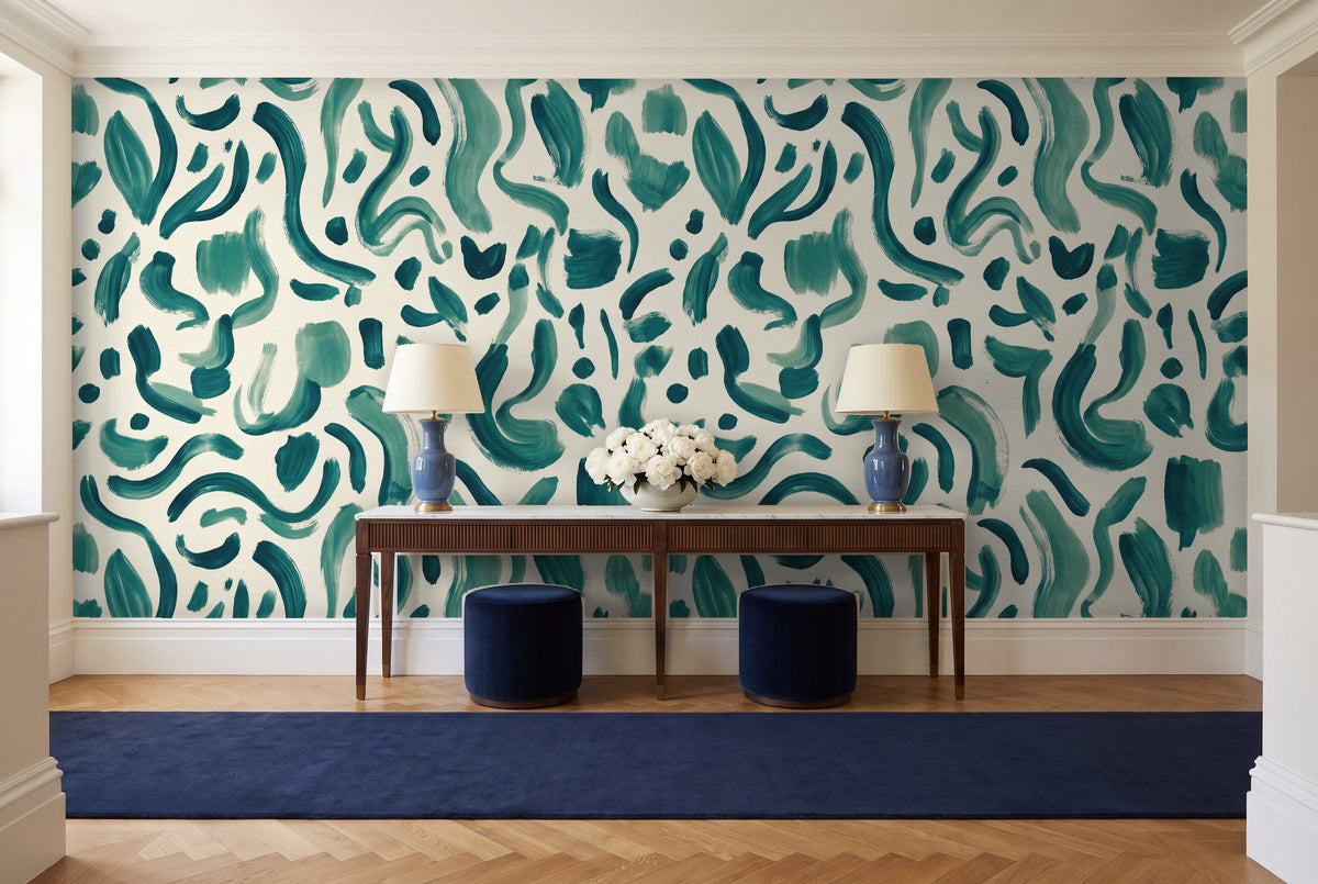 Teal Brushstroke Abstract Mural in an entryway