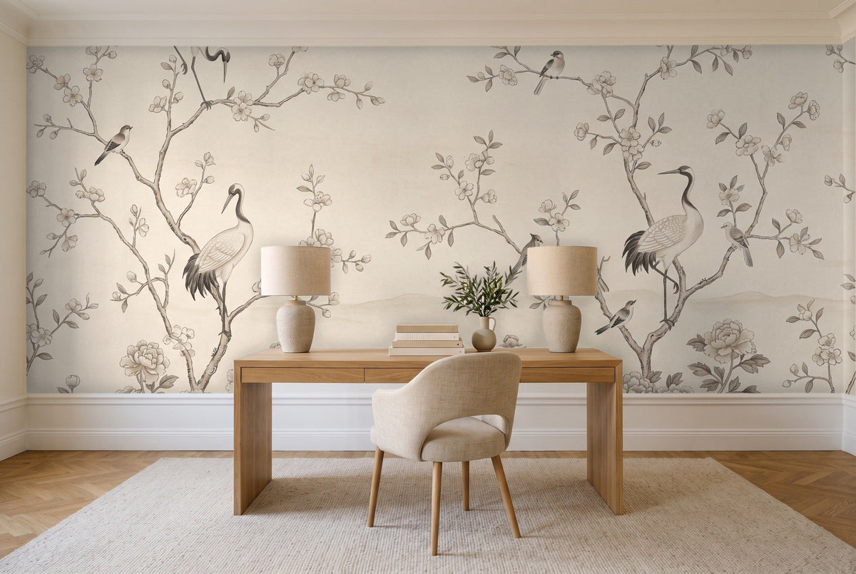 Cream Chinoiserie Garden Chinoiserie Mural in a home office