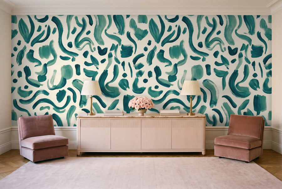 Teal Brushstroke Abstract Mural on a wall
