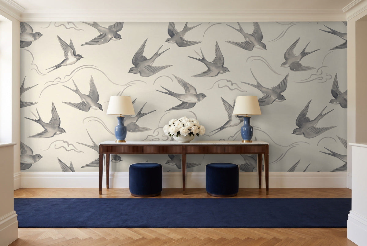 Grey Swallow Animal Mural in an entryway