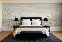 Sage Wildflower Meadow Floral Mural in a bedroom