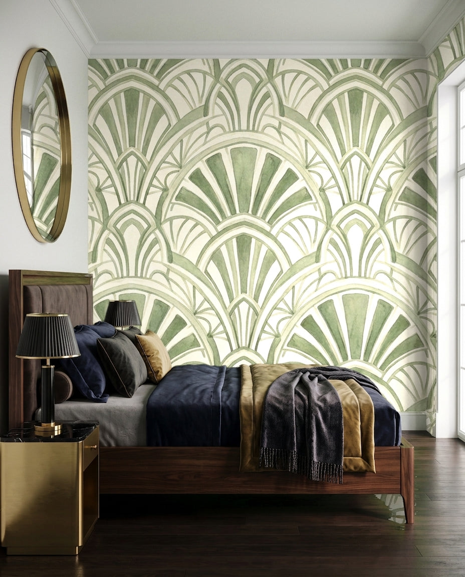 Green Art Deco Mural on a feature wall