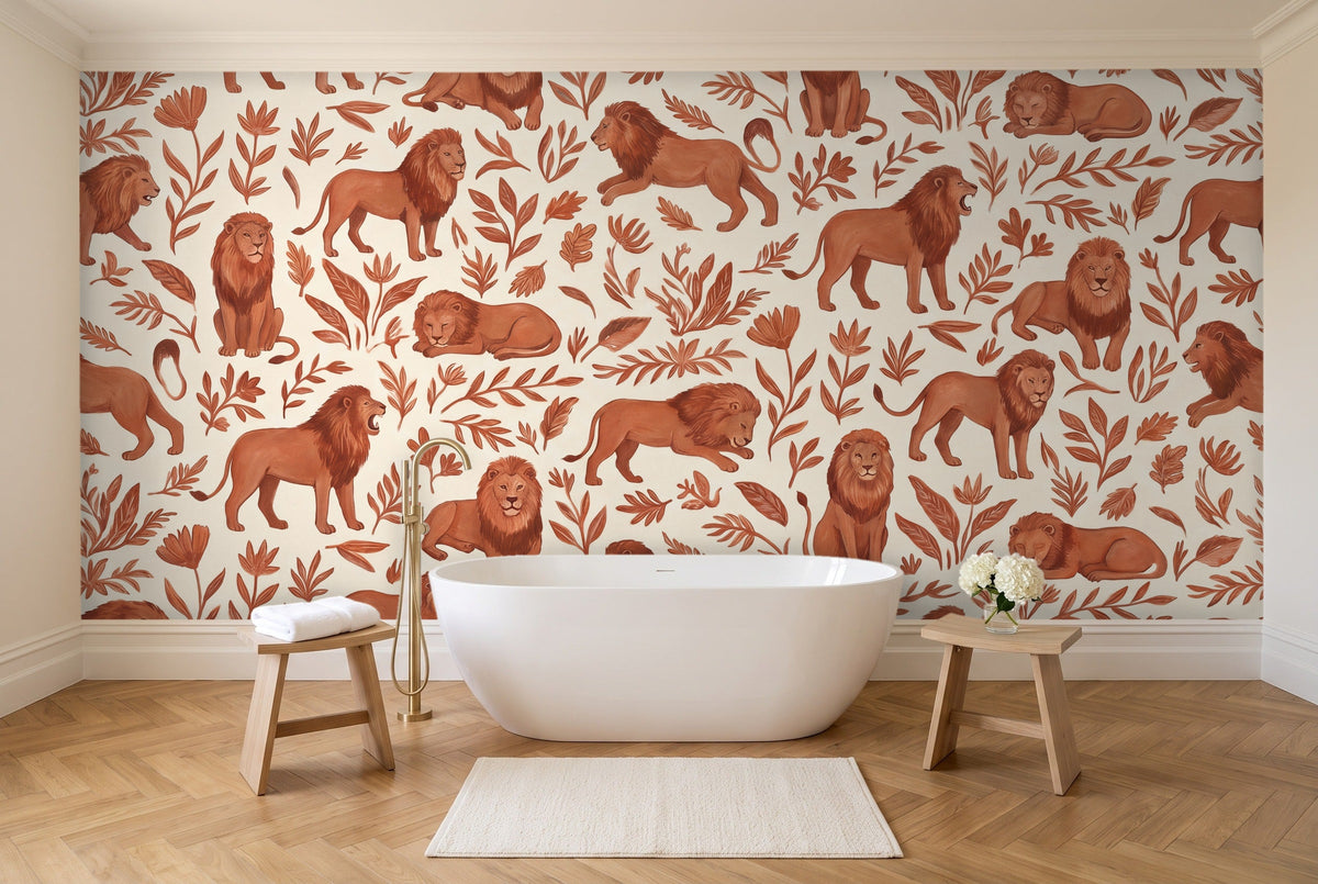 Terracotta Lion Animal Mural in a bathroom