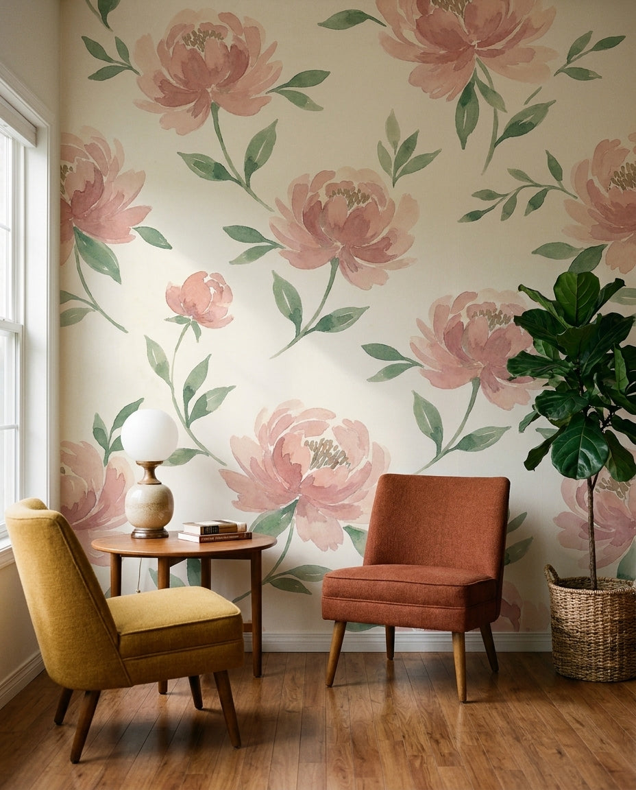 Pink Peony Floral Mural on a feature wall