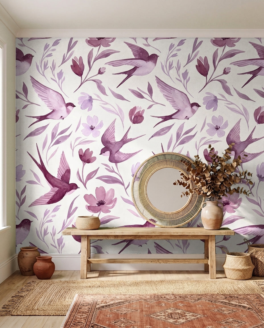 Purple Swallow Animal Mural in an interior