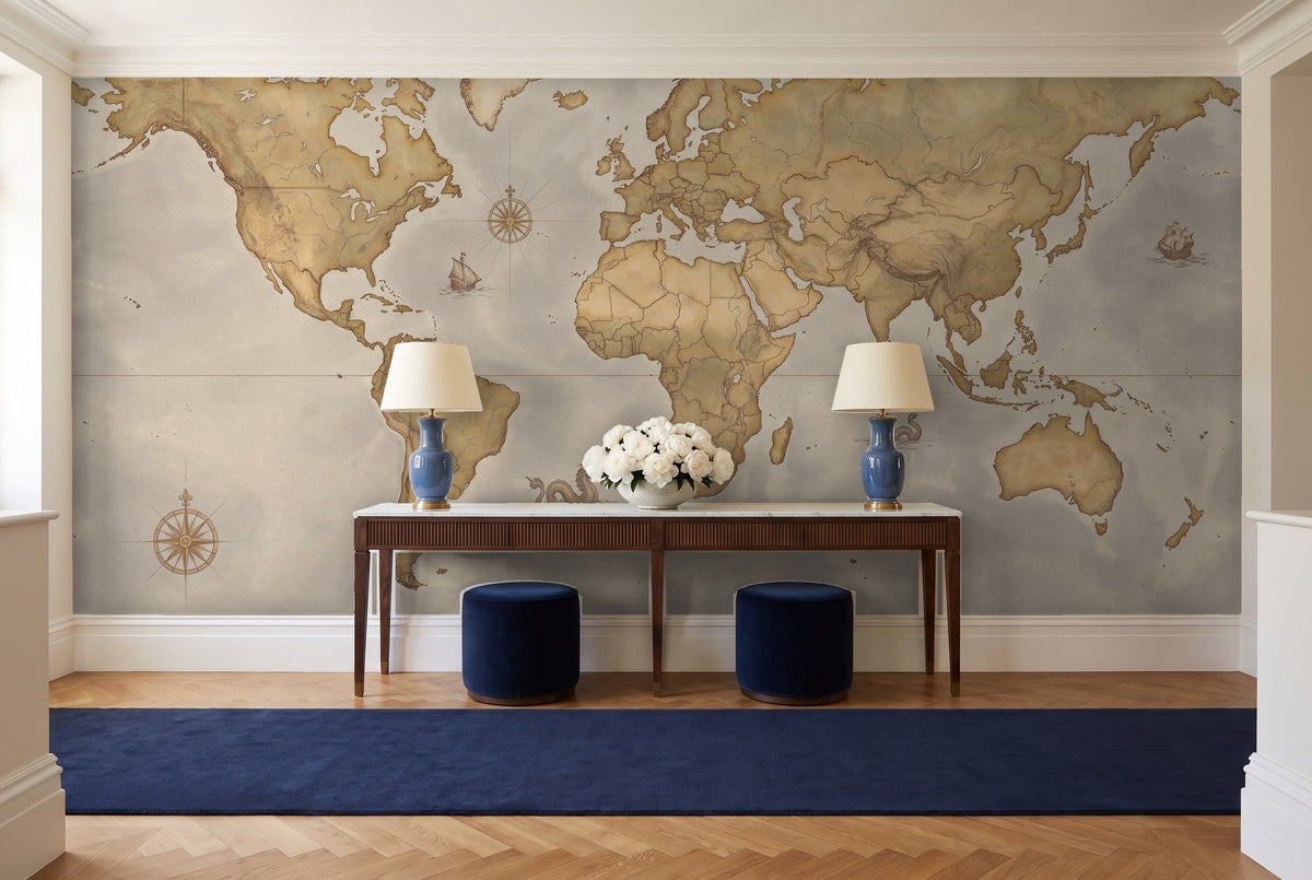Ochre World Map Map Mural in an entryway