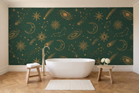 Green And Gold Stars Celestial Mural in a bathroom