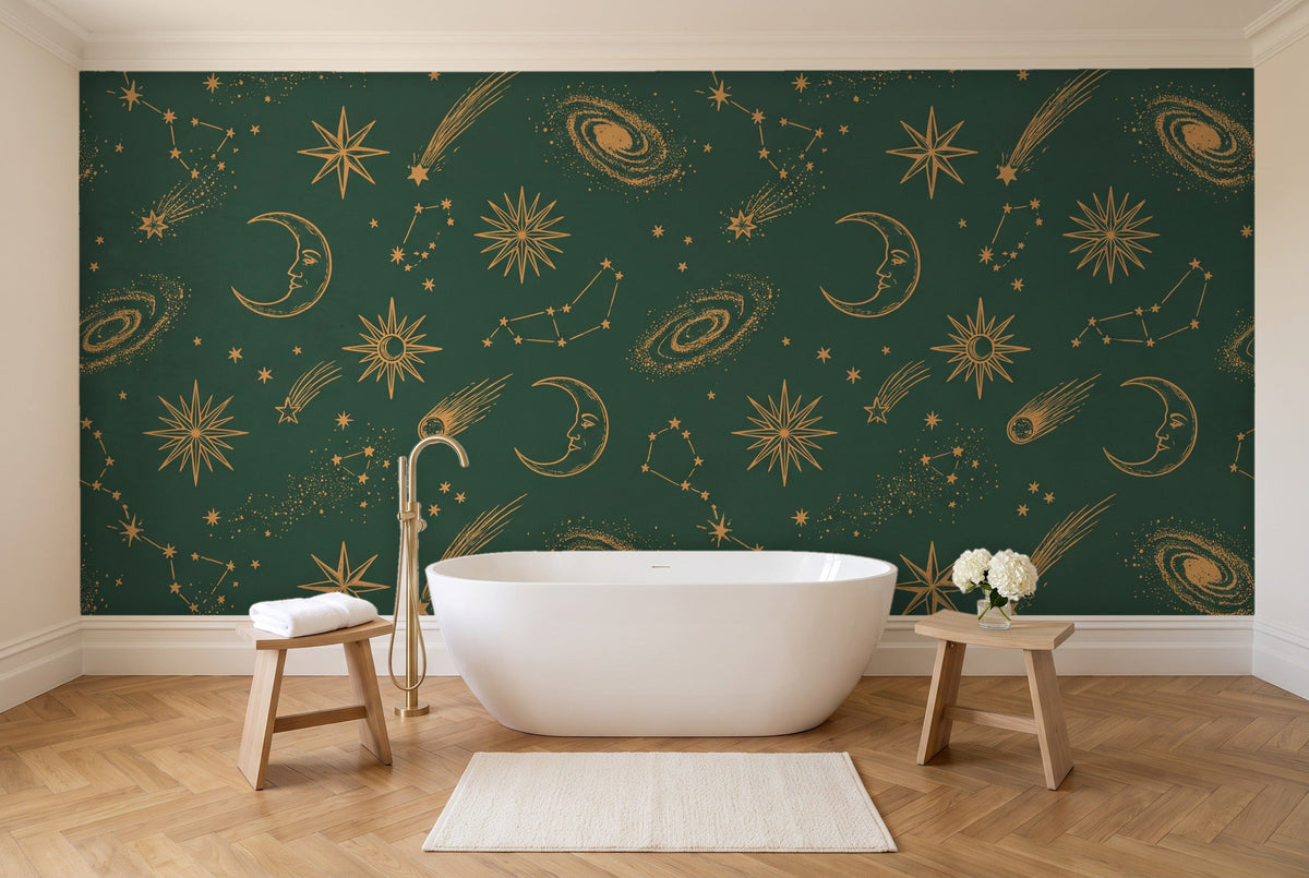 Green And Gold Stars Celestial Mural in a bathroom