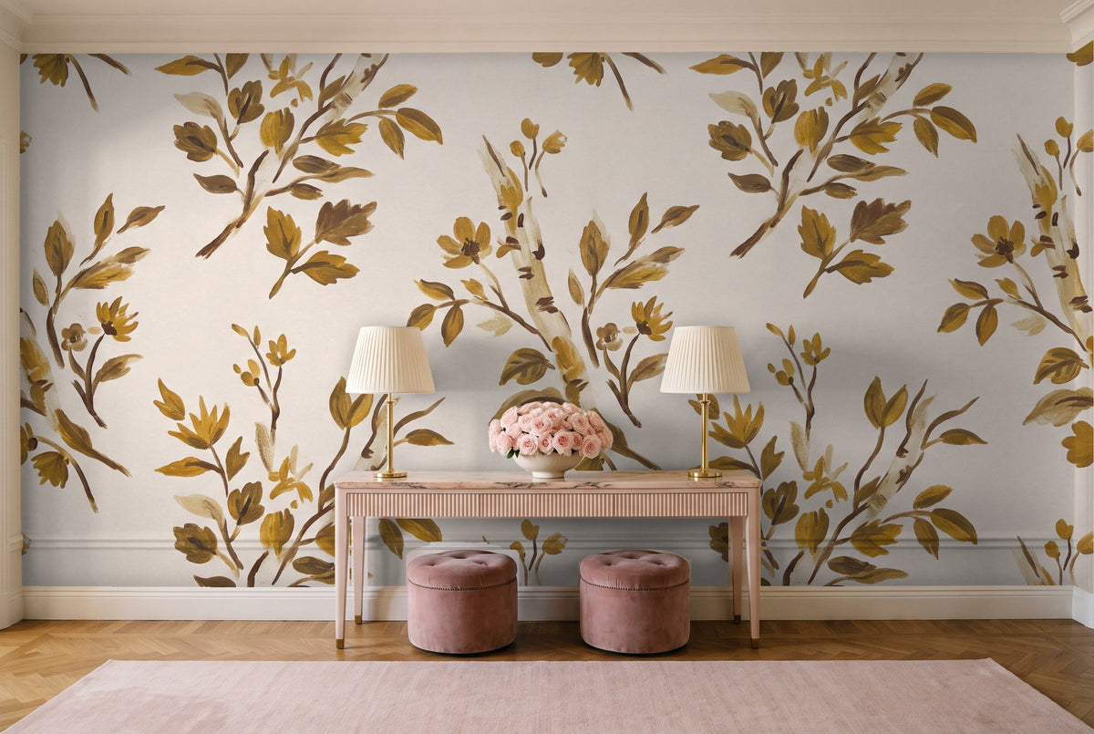 Mustard Birch Botanical Mural in an entryway
