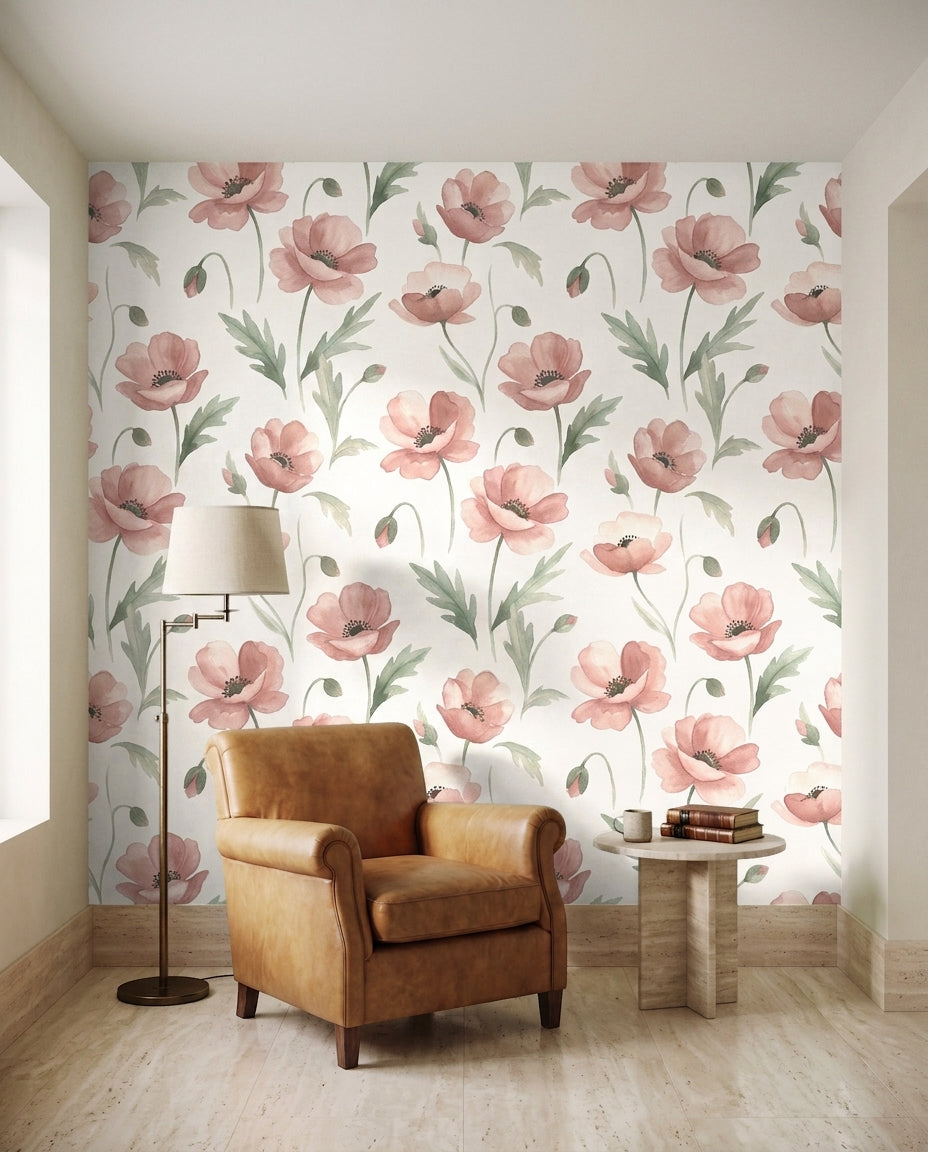 Pink Poppy Floral Mural in an interior
