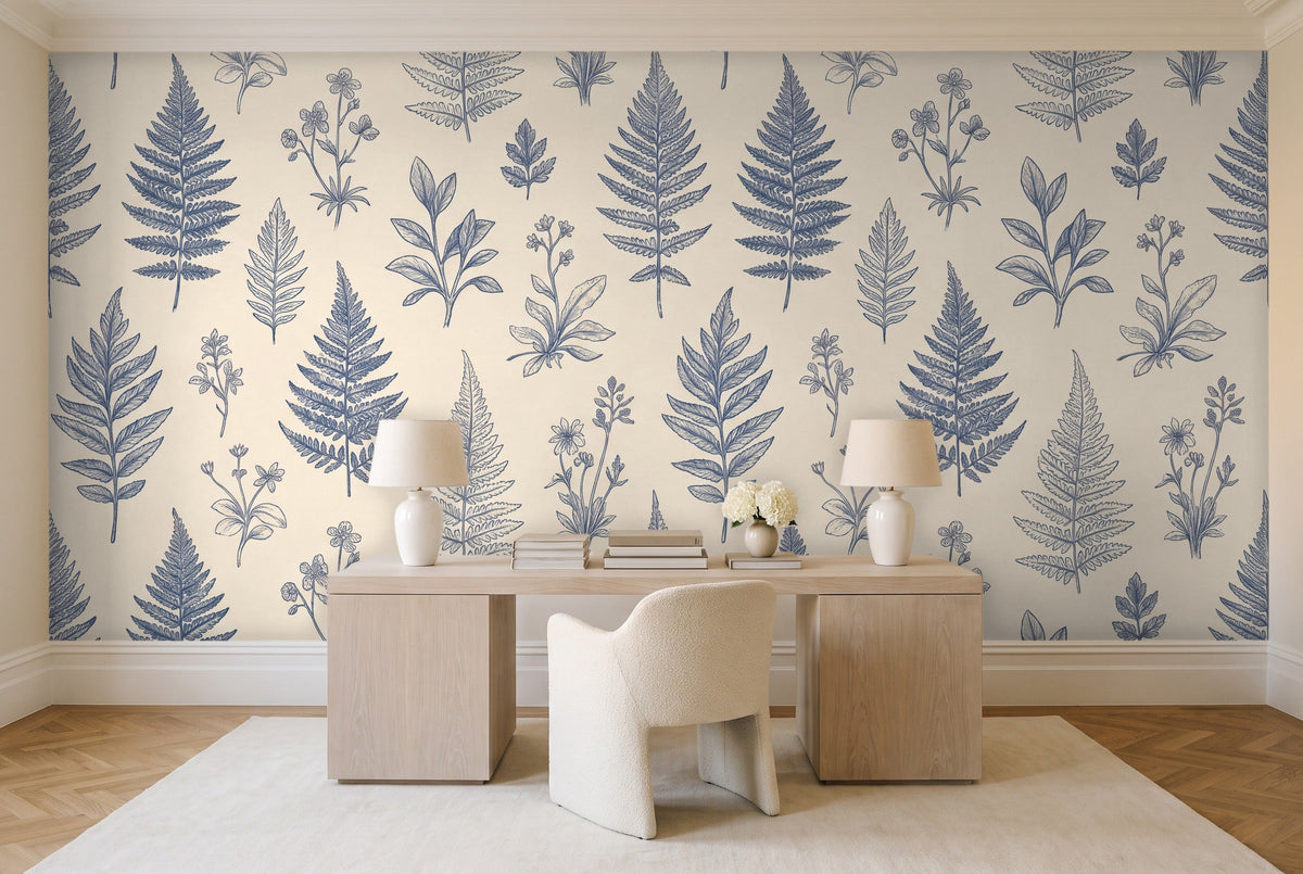 Blue And White Fern Botanical Mural in a home office