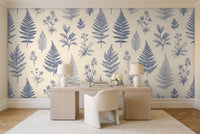 Blue And White Fern Botanical Mural in a home office
