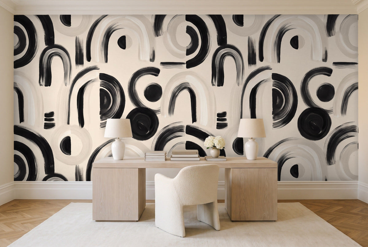 Black And White Arch Geometric Mural in a home office