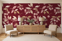 Burgundy Cherry Botanical Mural in a living room