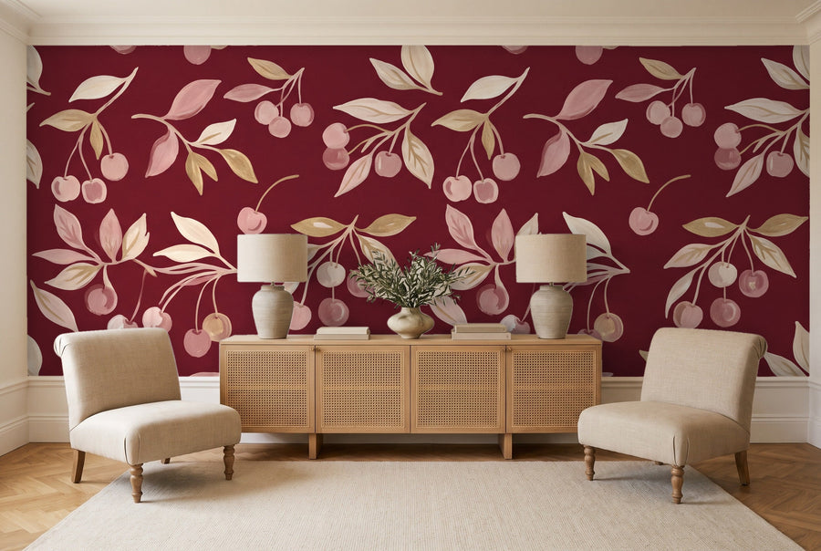Burgundy Cherry Botanical Mural on a wall
