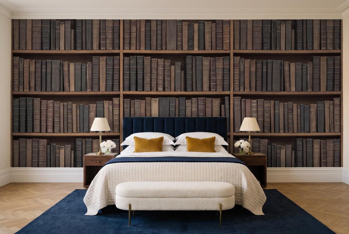 Charcoal Bookshelf Library Mural in a bedroom