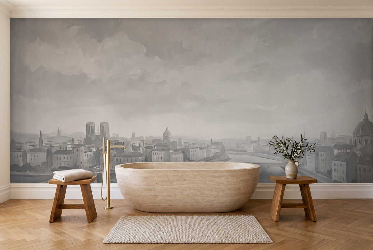 Grey City Cityscape Mural in a bathroom