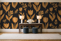 Black And Gold Tulip Floral Mural in an entryway