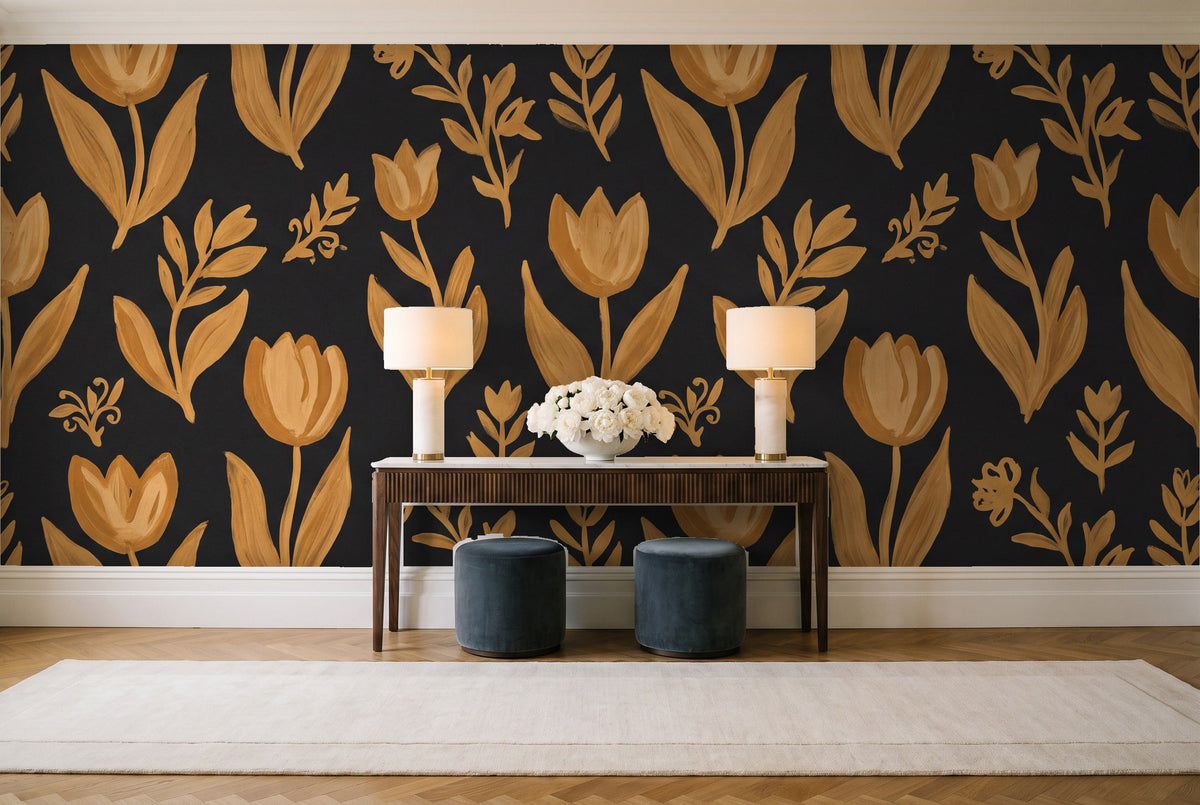 Black And Gold Tulip Floral Mural in an entryway