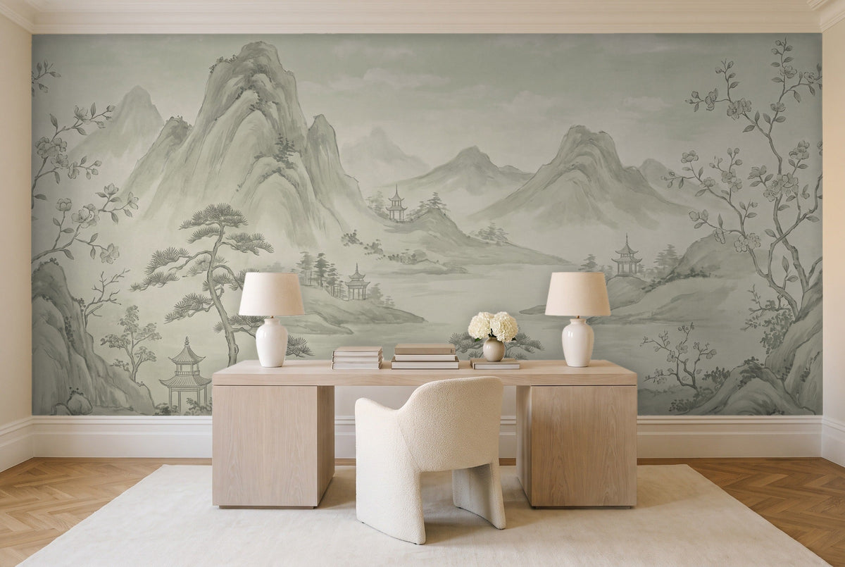 Sage Mountain Landscape Mural in a home office
