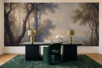Navy Forest Landscape Mural in a home office
