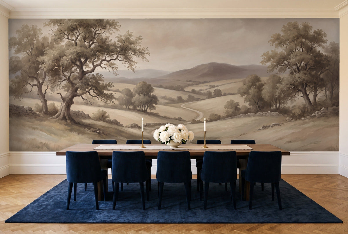 Beige Countryside Landscape Mural in a dining room