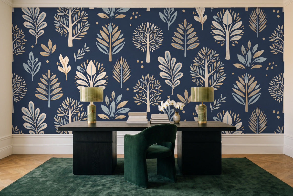 Navy Tree Botanical Mural in a home office