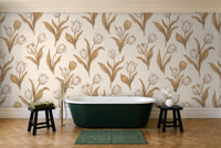 White And Gold Tulip Floral Mural in a bathroom