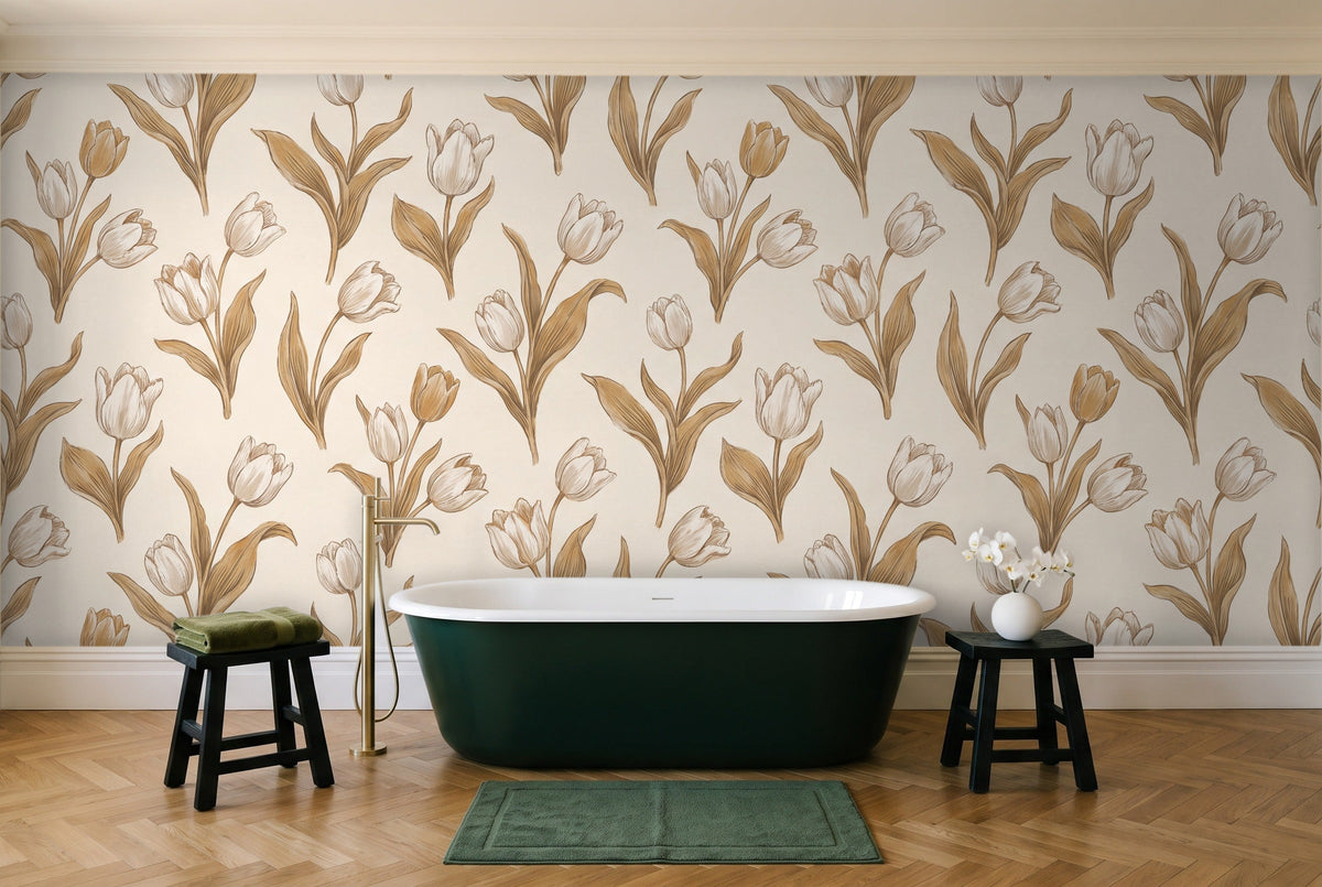 White And Gold Tulip Floral Mural in a bathroom