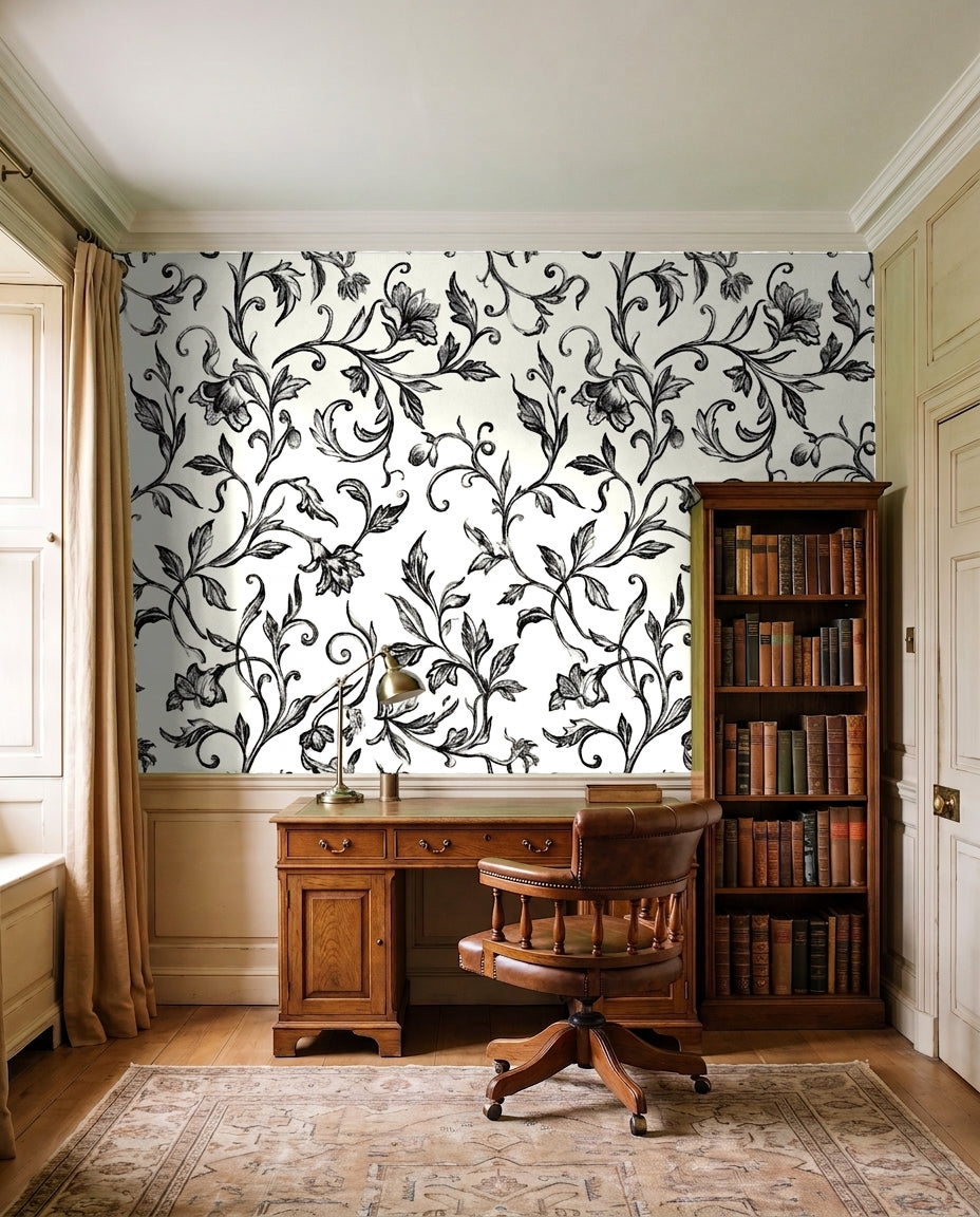 Black-and-white Vine Botanical Mural in an interior