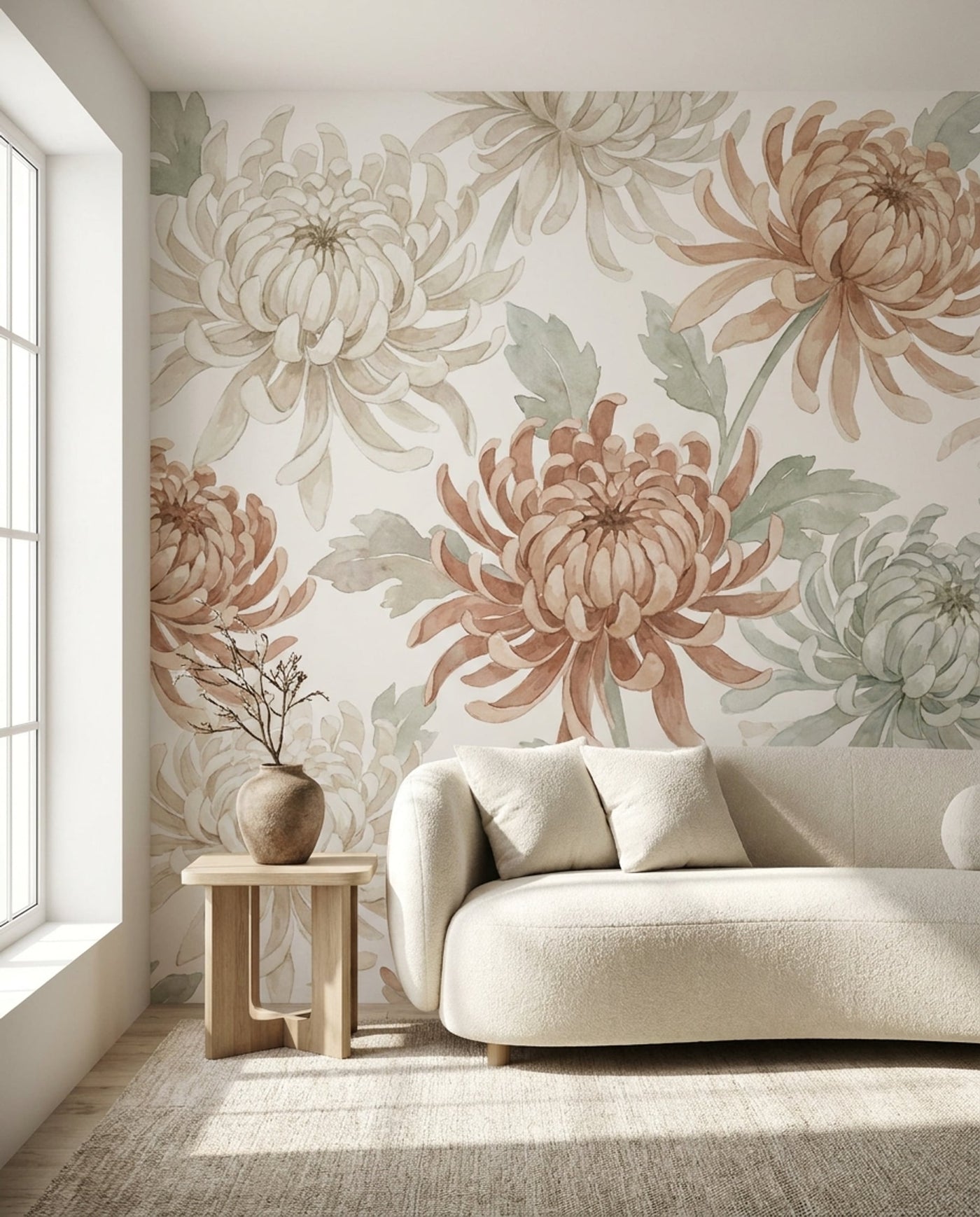 Chrysanthemum mural on a living room feature wall