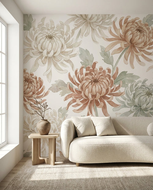 Chrysanthemum mural on a living room feature wall