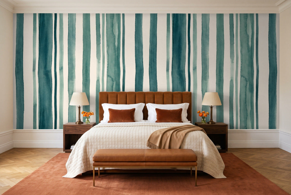 Teal Stripe Mural in a bedroom