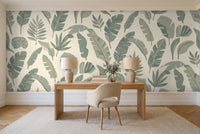 Sage Banana Leaf Tropical Mural in a home office