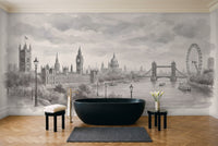 Grey London Cityscape Mural in a bathroom