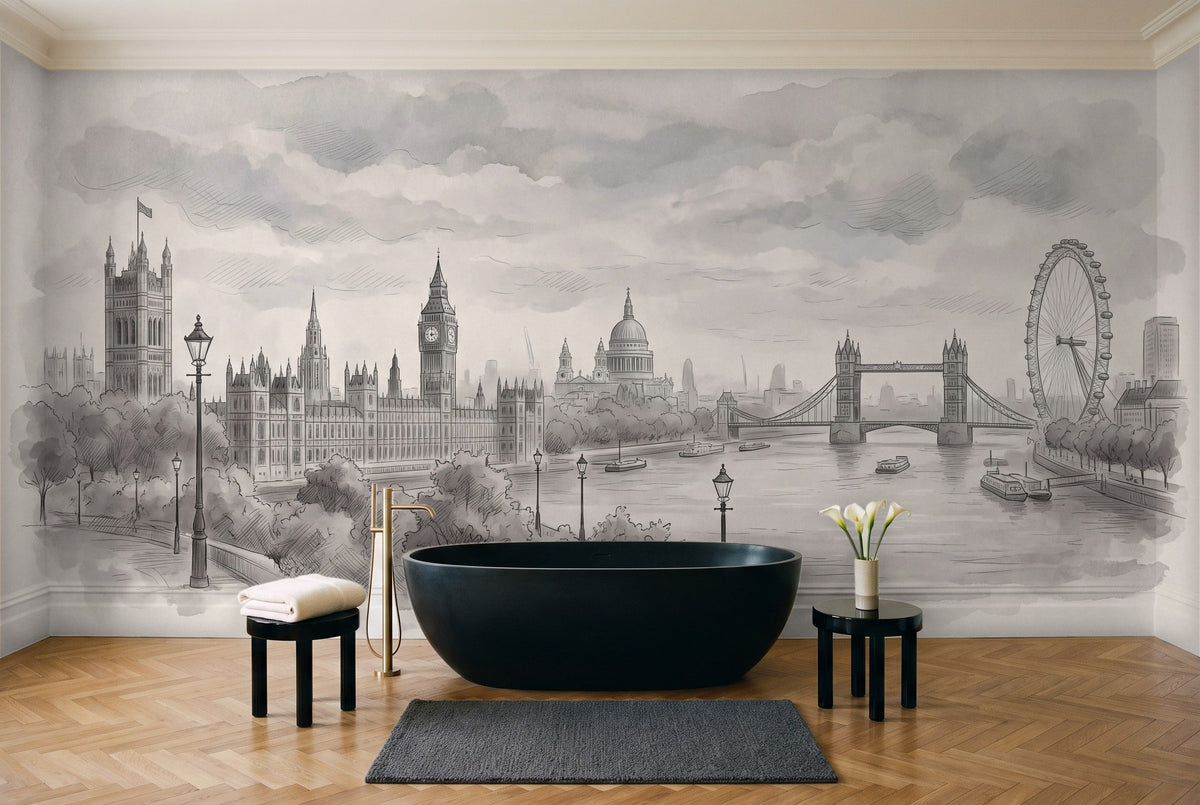 Grey London Cityscape Mural in a bathroom