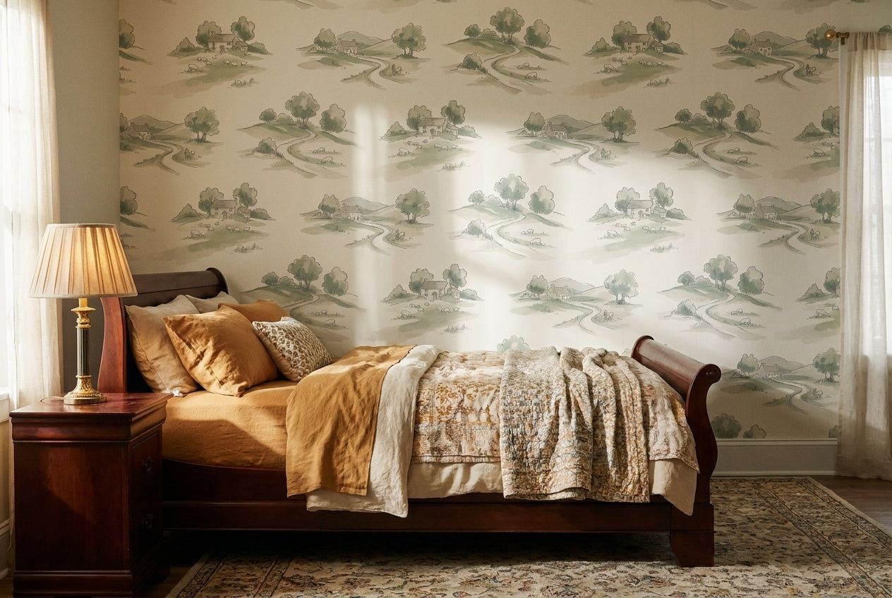 Sage Meadow Landscape Mural on a feature wall